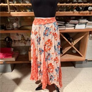Free People Coral and Blue Floral A-Line Skirt